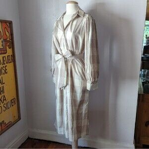 Tan and Cream Plaid Midi Button Down Shirtdress by  A New Day Size M
